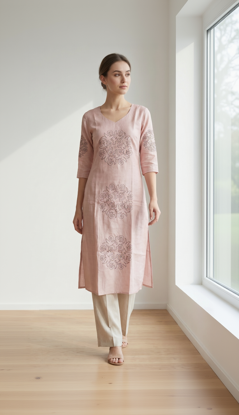 Women’s A-Line Kurti in Crushed Nylon with Scroll Embroidery and Lining