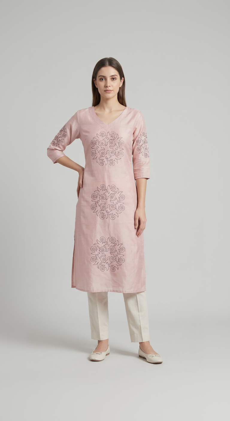 Women’s A-Line Kurti in Crushed Nylon with Scroll Embroidery and Lining