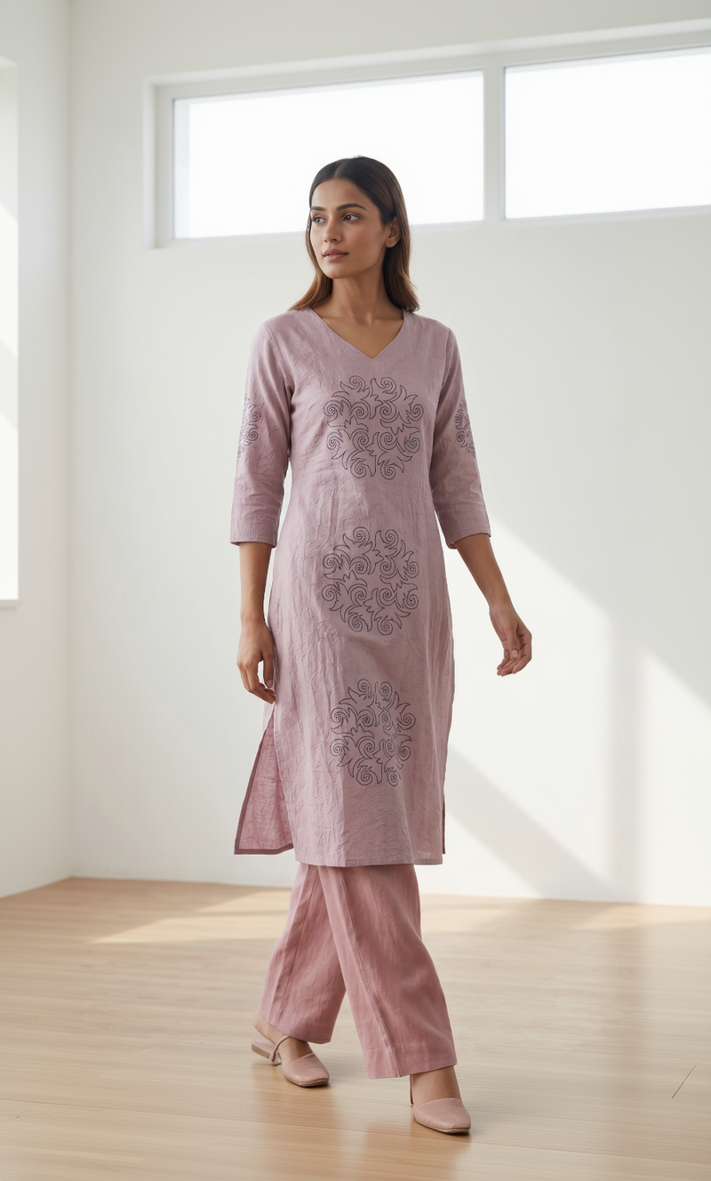 Women’s A-Line Kurti in Crushed Nylon with Scroll Embroidery and Lining