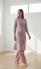 Women’s A-Line Kurti in Crushed Nylon with Scroll Embroidery and Lining
