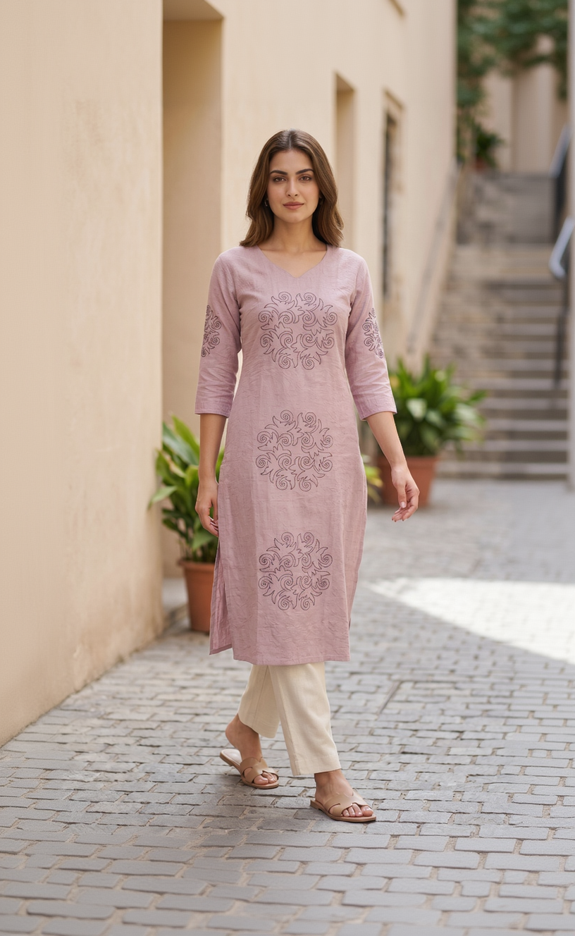 Women’s A-Line Kurti in Crushed Nylon with Scroll Embroidery and Lining