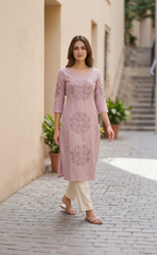 Women’s A-Line Kurti in Crushed Nylon with Scroll Embroidery and Lining