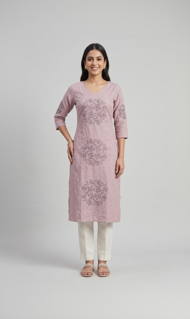 Women’s A-Line Kurti in Crushed Nylon with Scroll Embroidery and Lining