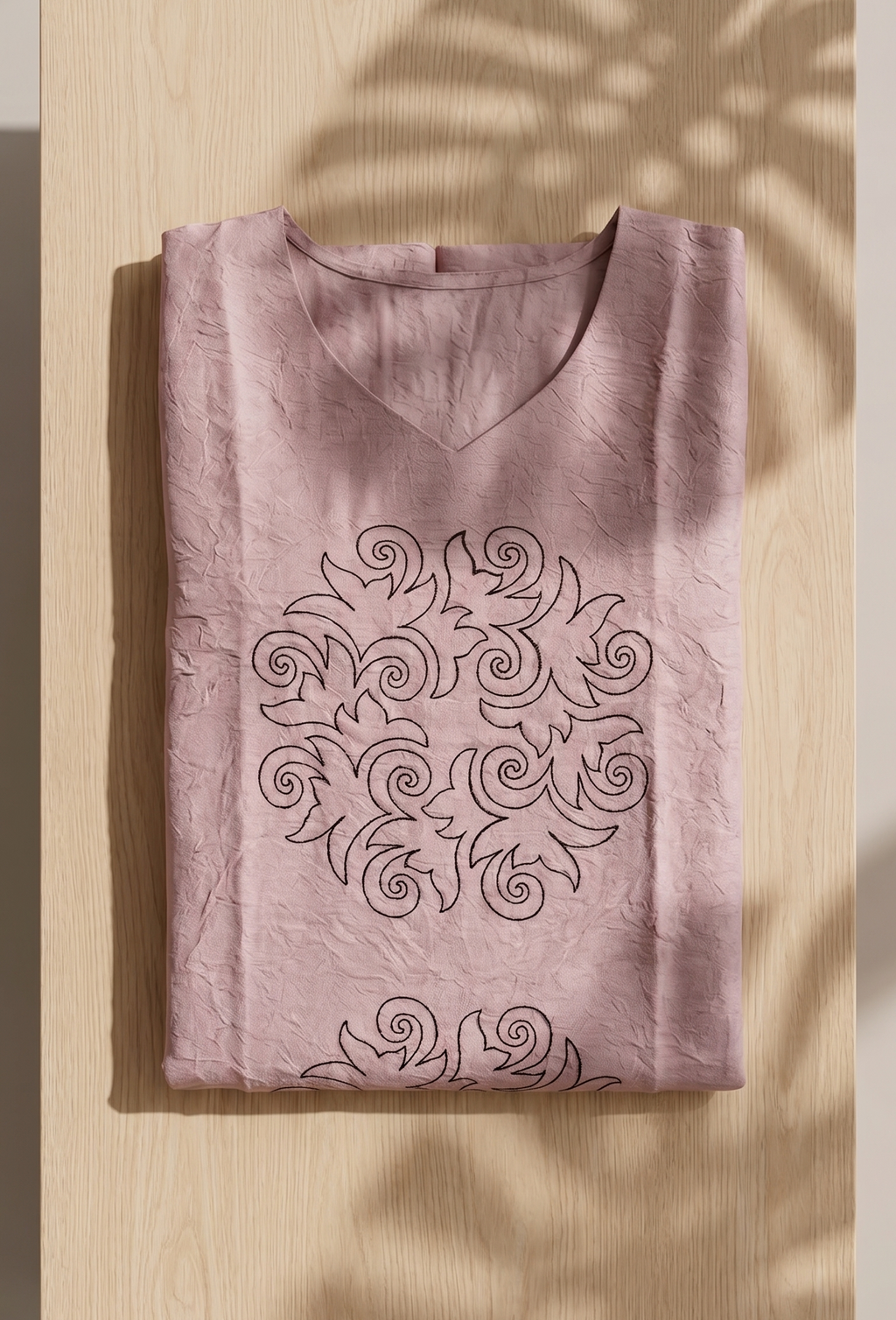 Women’s A-Line Kurti in Crushed Nylon with Scroll Embroidery and Lining