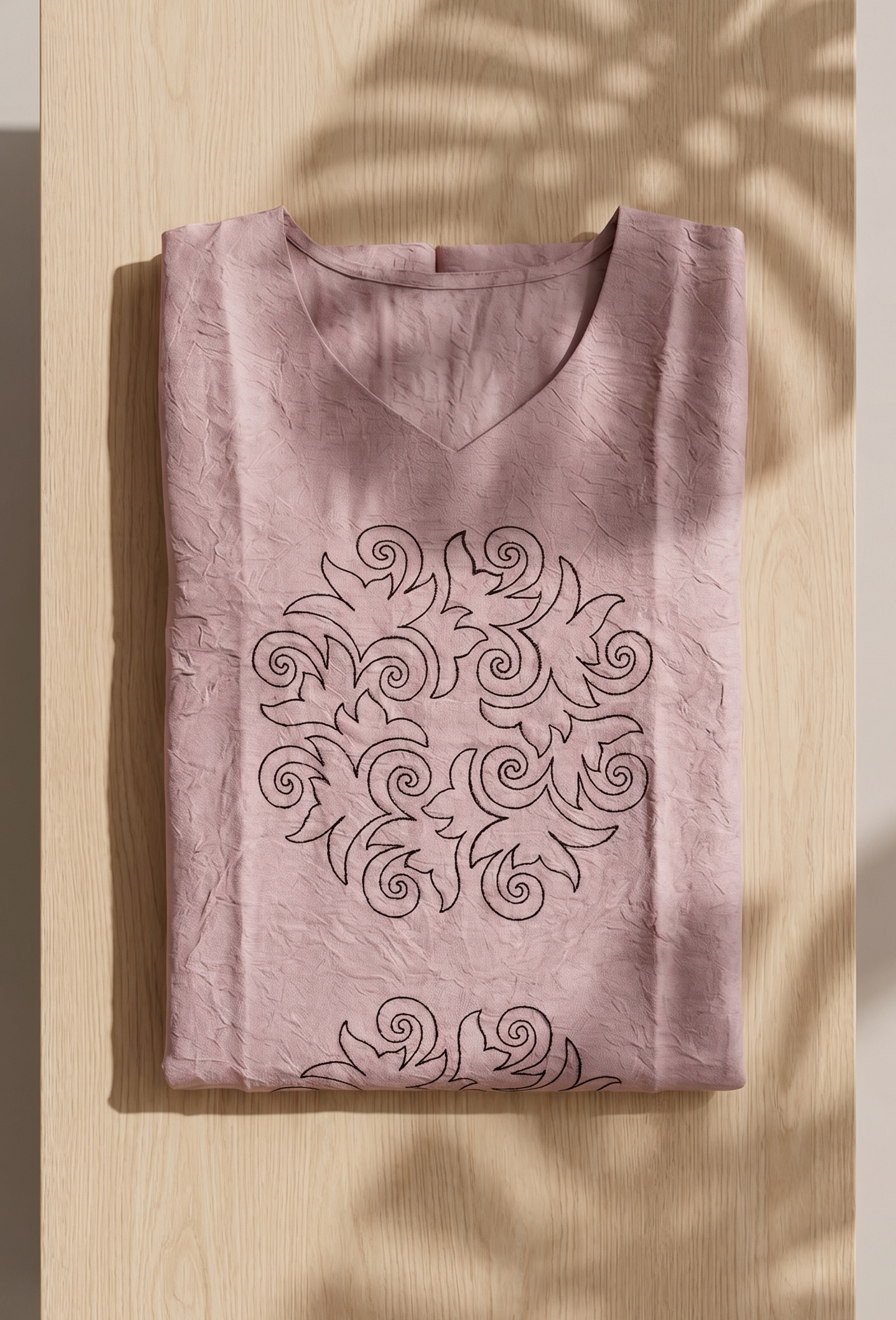 Women’s A-Line Kurti in Crushed Nylon with Scroll Embroidery and Lining