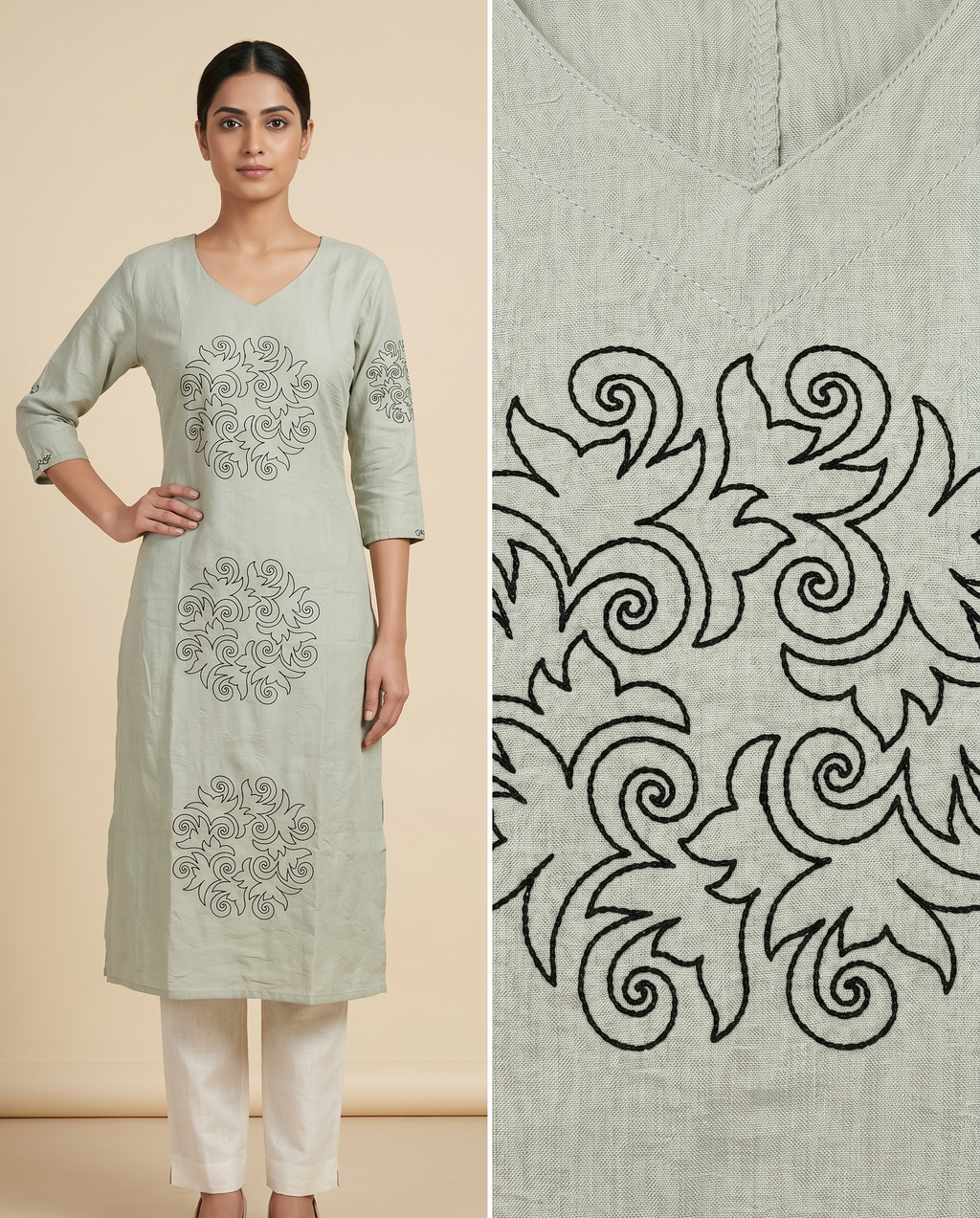 Women’s A-Line Kurti in Crushed Nylon with Scroll Embroidery and Lining