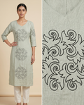 Women’s A-Line Kurti in Crushed Nylon with Scroll Embroidery and Lining