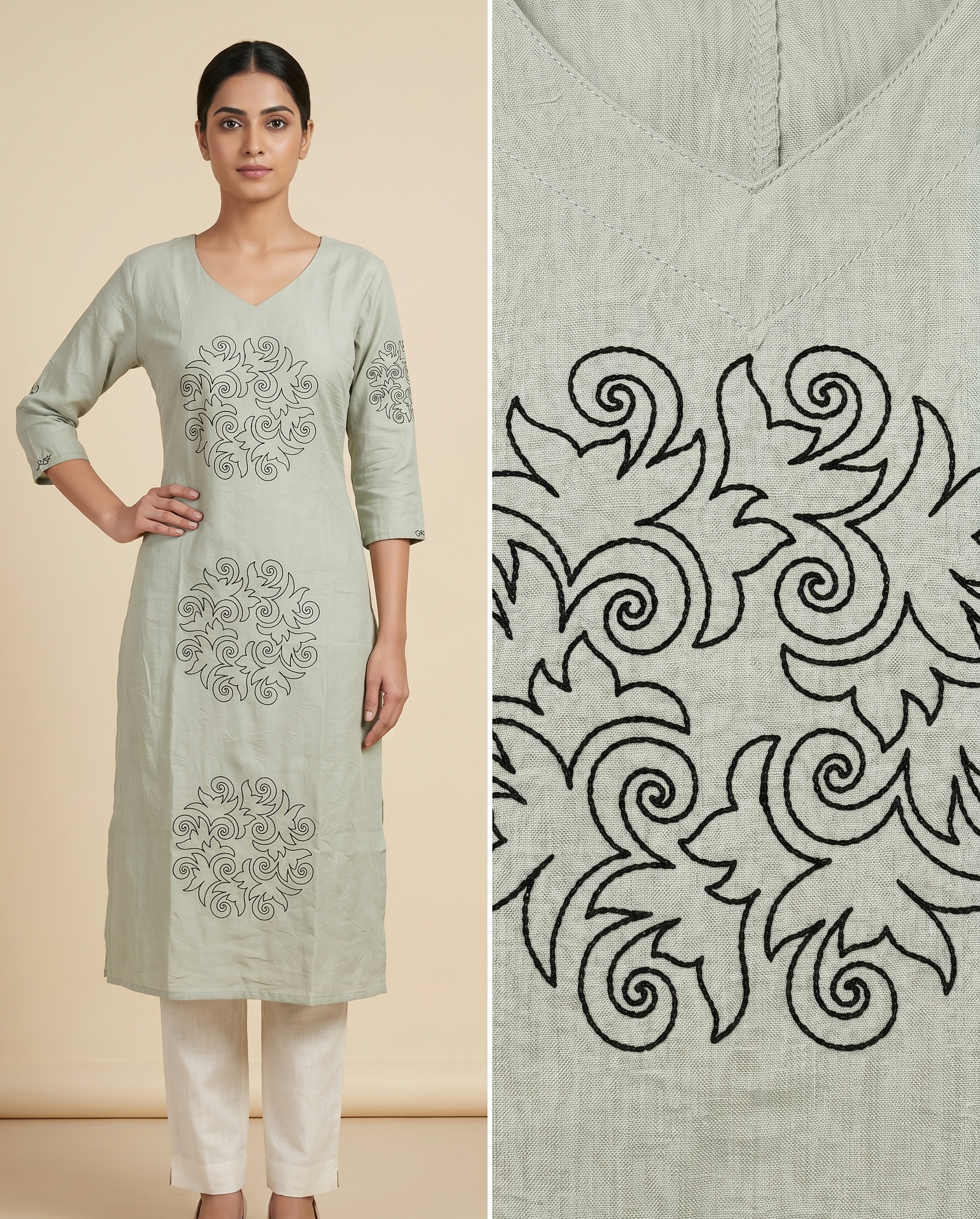 Women’s A-Line Kurti in Crushed Nylon with Scroll Embroidery and Lining