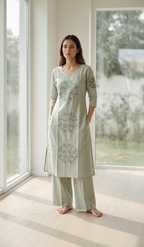 Women’s A-Line Kurti in Crushed Nylon with Scroll Embroidery and Lining