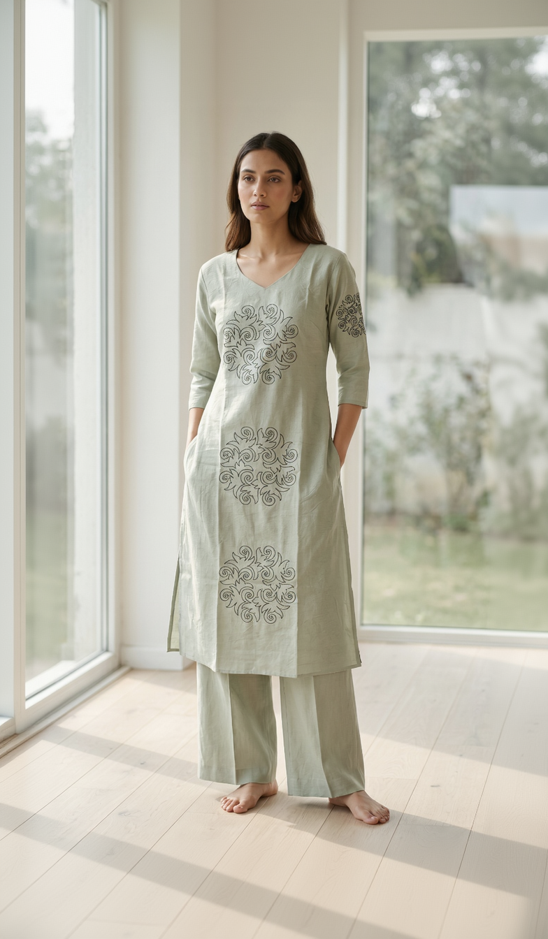 Women’s A-Line Kurti in Crushed Nylon with Scroll Embroidery and Lining