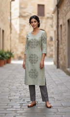 Women’s A-Line Kurti in Crushed Nylon with Scroll Embroidery and Lining