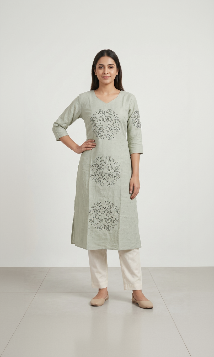 Women’s A-Line Kurti in Crushed Nylon with Scroll Embroidery and Lining