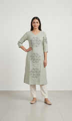 Women’s A-Line Kurti in Crushed Nylon with Scroll Embroidery and Lining