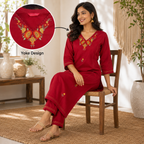 Anvita Crimson Red Cotton Embroidered Co-ord Set