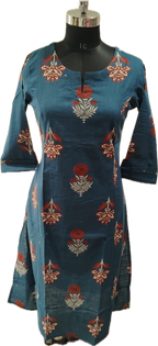 Anvita Teal Blue Cotton Kurta Featuring All-Over Floral Motifs