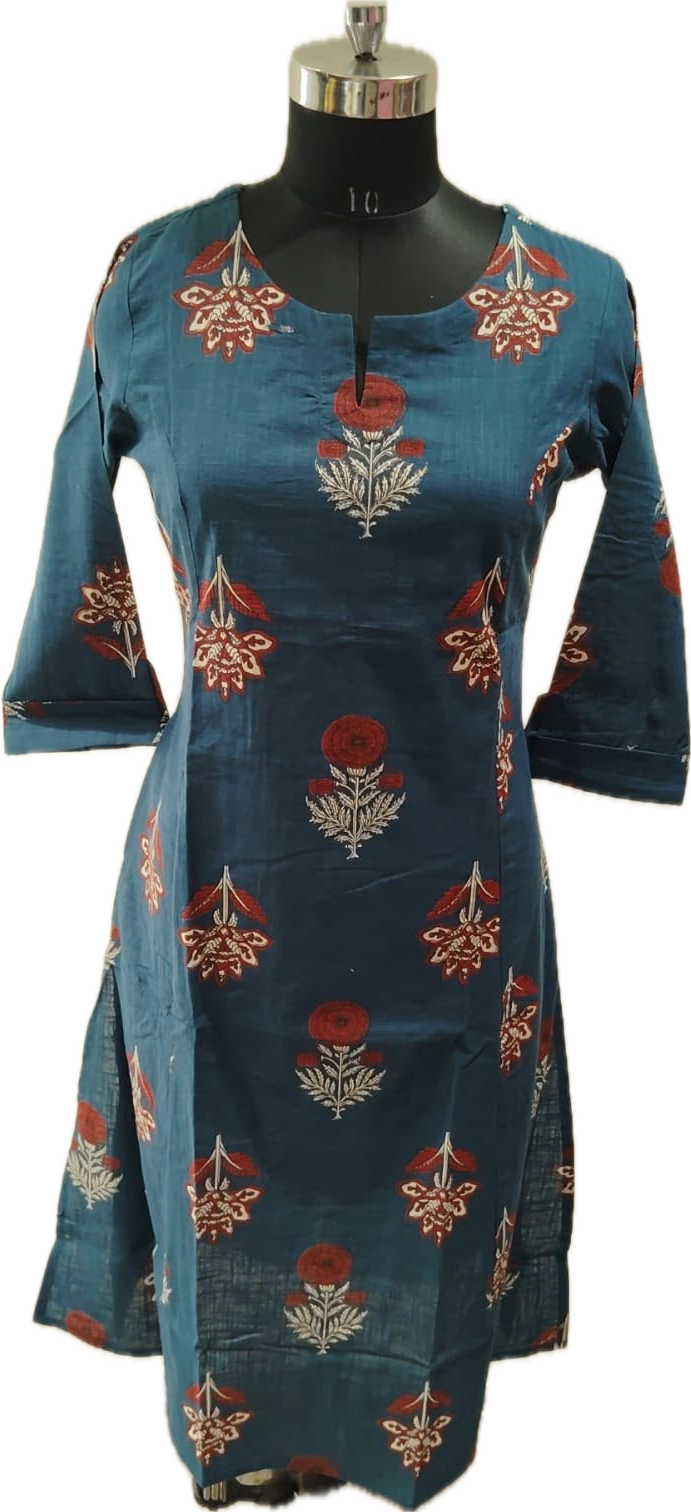 Anvita Teal Blue Cotton Kurta Featuring All-Over Floral Motifs