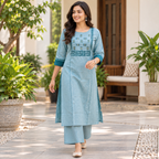 Anvita Light Blue Cotton Kurta Set with Printed Yoke & Palazzo | Women’s Ethnic Wear