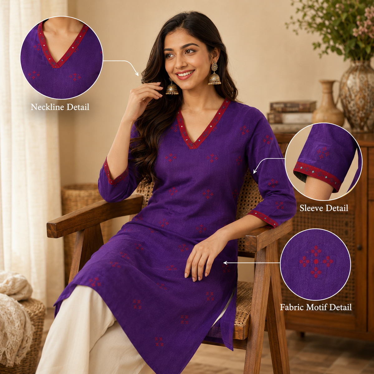 Anvita Purple Straight Cotton Kurta with Contrast Red V-Neck & Motif Detail