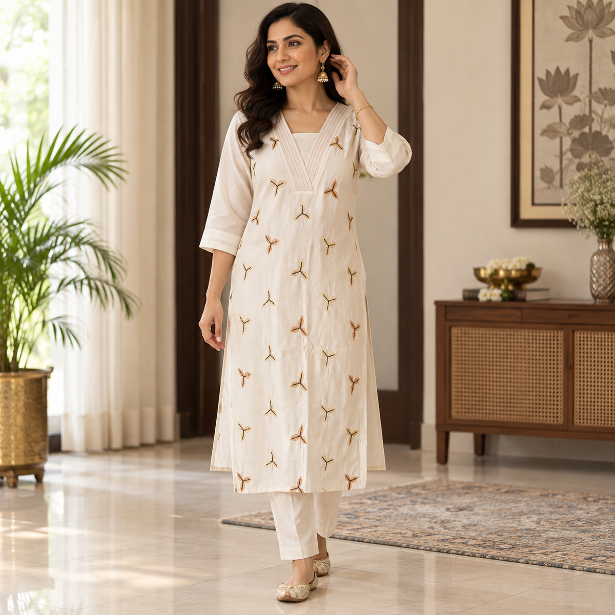 Revanta Cream Straight-Fit Kurta Co-Ord Set with V-Neck Pintucks and Motif Embroidery