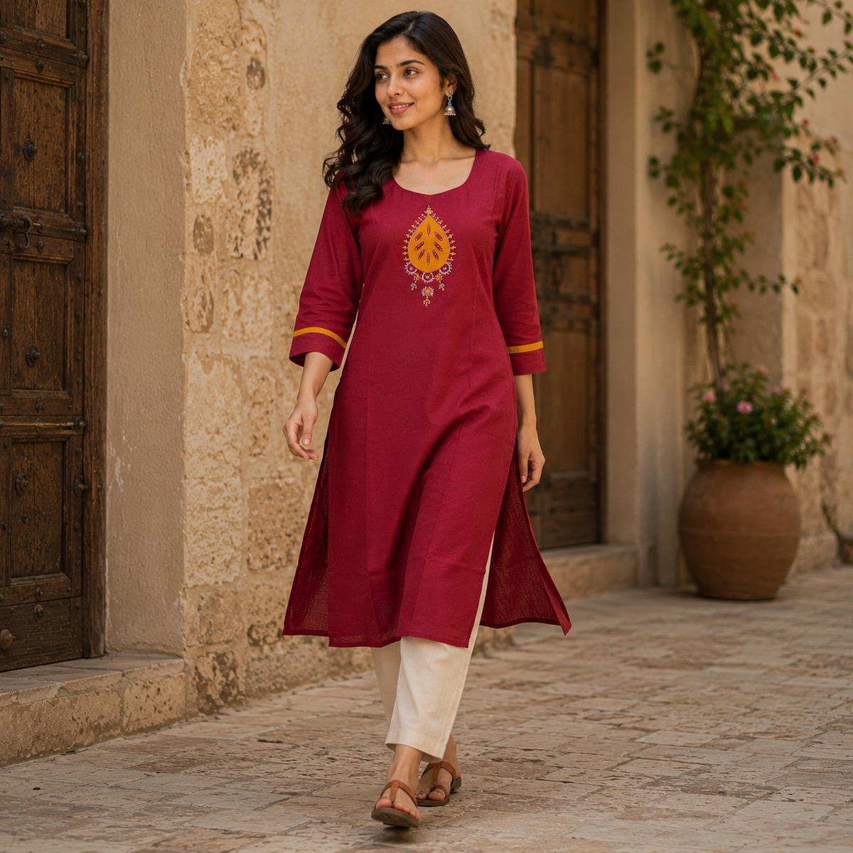 Revanta Maroon Cotton Printed Straight Kurta round neck