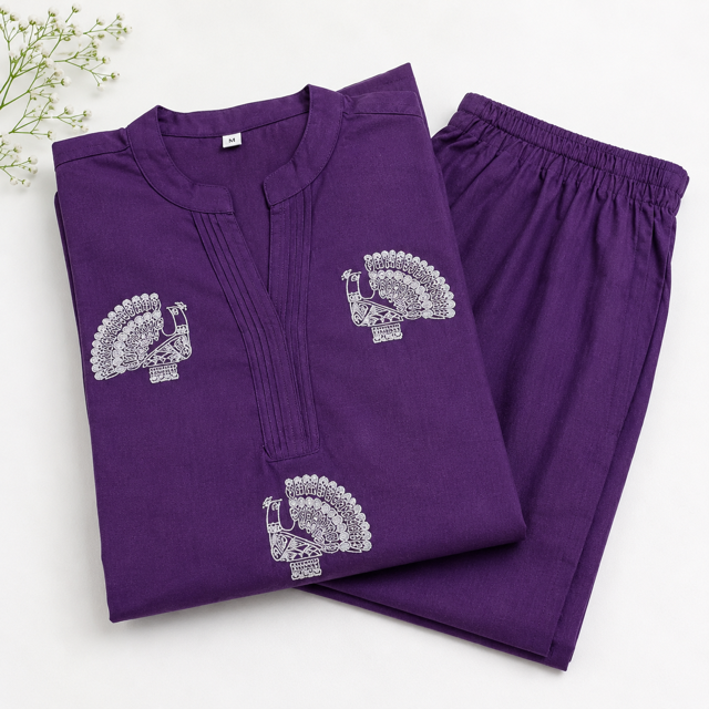 Deep Purple Cotton Kurta & Palazzo Set – Artistic Peacock Motif Detail – Elegant Ethnic Ensemble