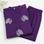 Deep Purple Cotton Kurta & Palazzo Set – Artistic Peacock Motif Detail – Elegant Ethnic Ensemble