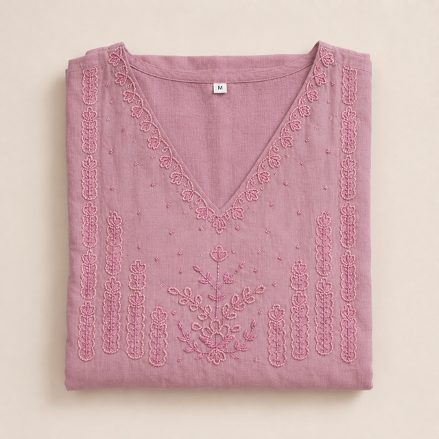Women’s A-Line Kurti in Crushed Nylon with Bead Handwork and Lining-Dusty Mauve