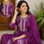 Revanta Wine Red Rayon Printed Kurta Pant Set with Embroidered Mirror Work Yoke & Chiffon Dupatta