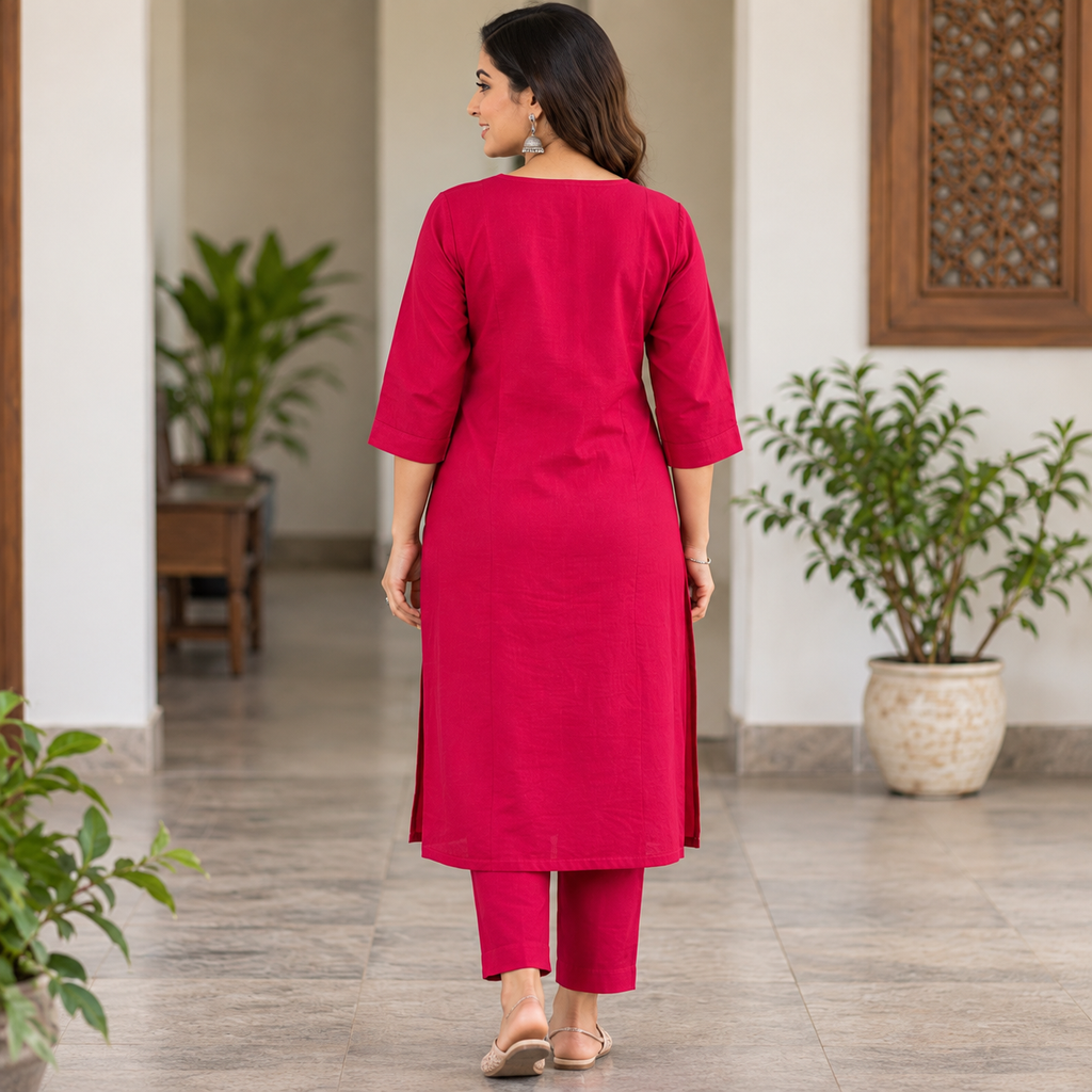 Anvita ( Celebrations) Magenta Cotton Silk Coord Set with Golden Thread Embroidery