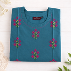 Revanta Teal Cotton Kurta – Vibrant Pink & Yellow Floral Embroidery – Elegant Everyday Wear