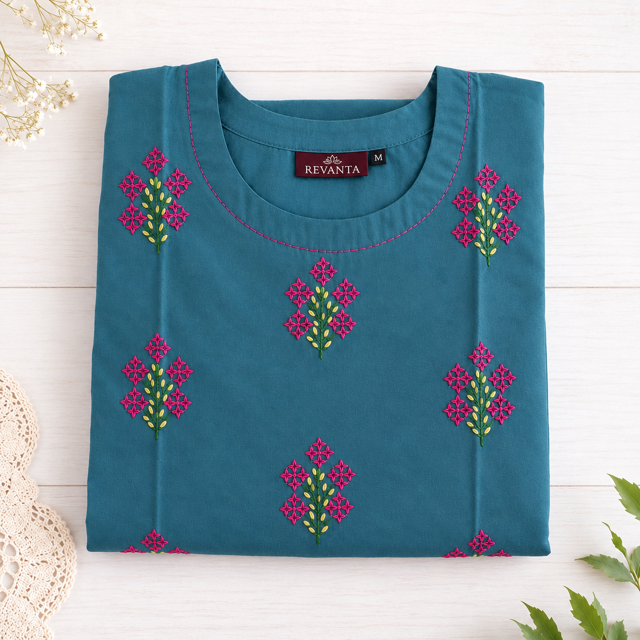 Revanta Teal Cotton Kurta – Vibrant Pink & Yellow Floral Embroidery – Elegant Everyday Wear
