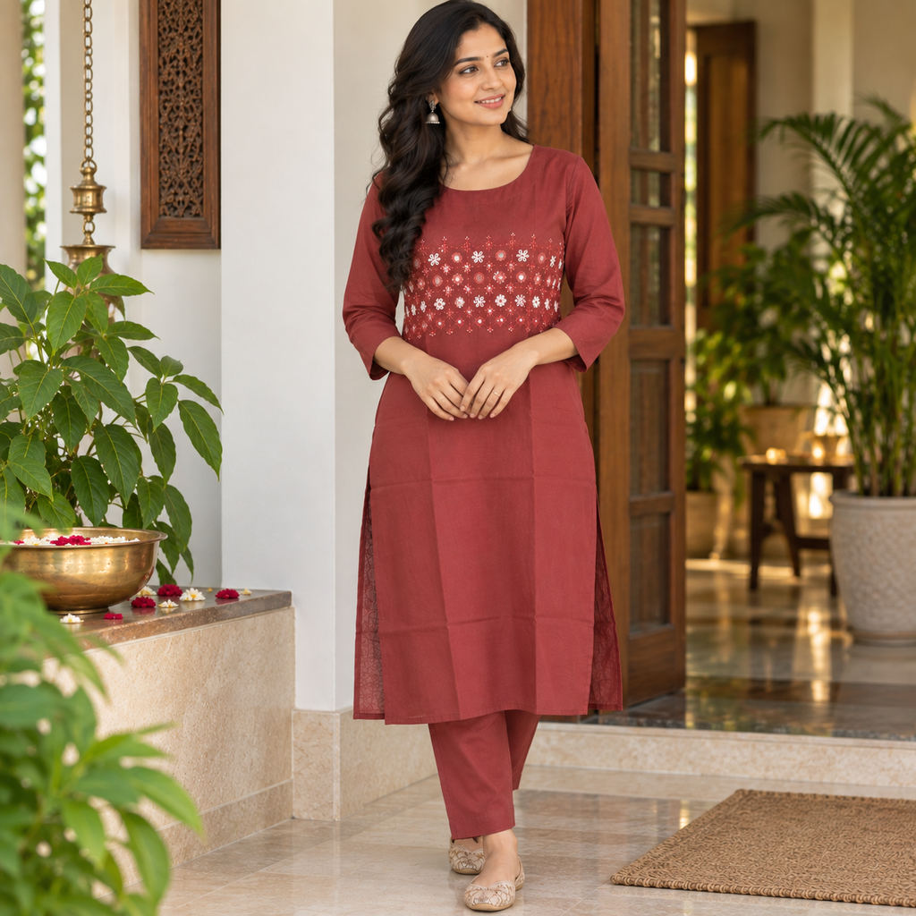 Revanta Maroon Cotton Co-Ord Set with Hand Embroidery & Mirror Work