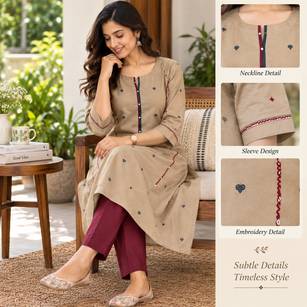 Anvita Beige Printed Cotton Kurta for Women | 3/4 Sleeve Ethnic Kurti