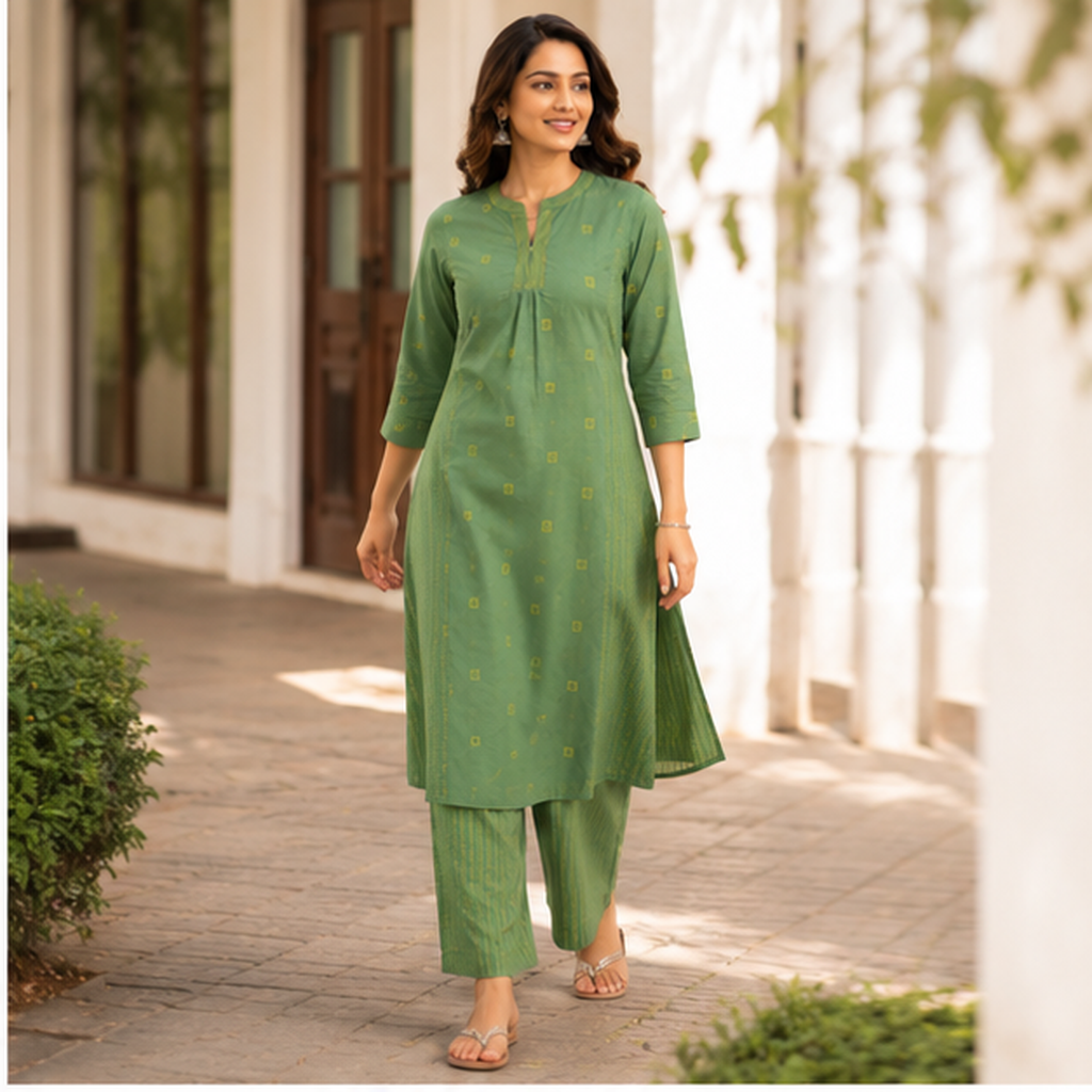 Anvita Green Straight Kurta Pant Set with Subtle Motif Print
