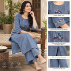 Anvita Handloom Cotton Kurta Pant Set | Blue Floral Embroidered Kurta with Glass Work