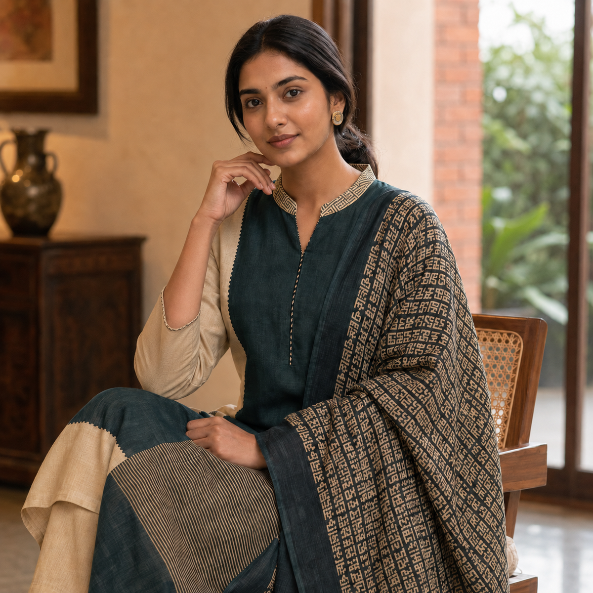 Revanta Beige & Blue-Green Contrast Kurta Pant Set with Printed Dupatta