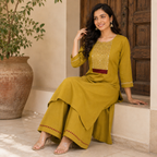 Anvita Mustard Yellow Cotton Kurta and Palazzo Set with Yoke Detail