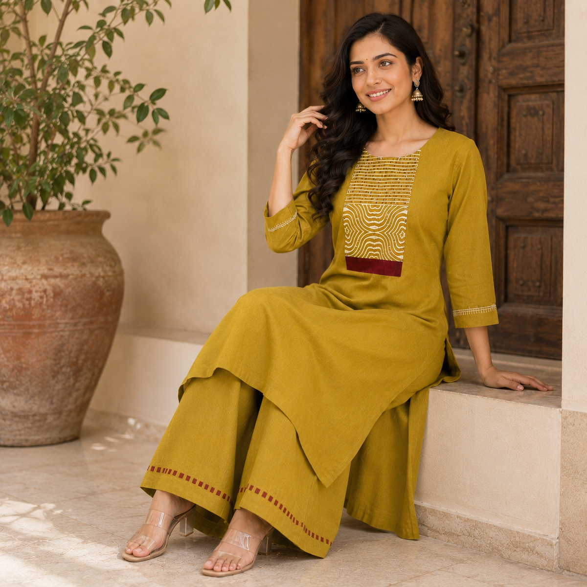 Anvita Mustard Yellow Cotton Kurta and Palazzo Set with Yoke Detail