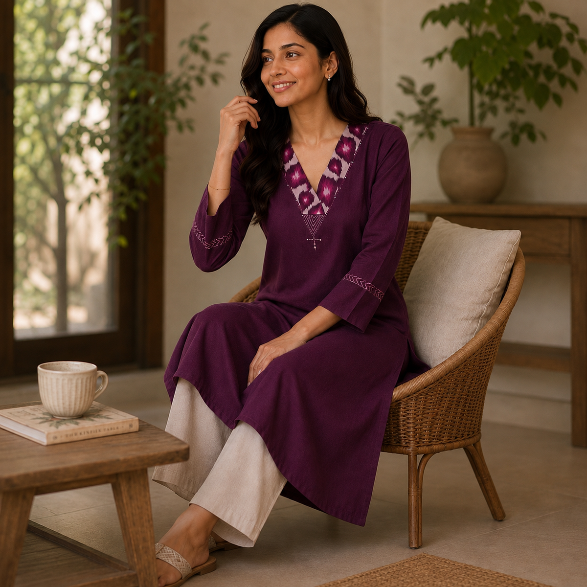 Anvita Plum Embroidered Straight Cotton V Neck Kurta