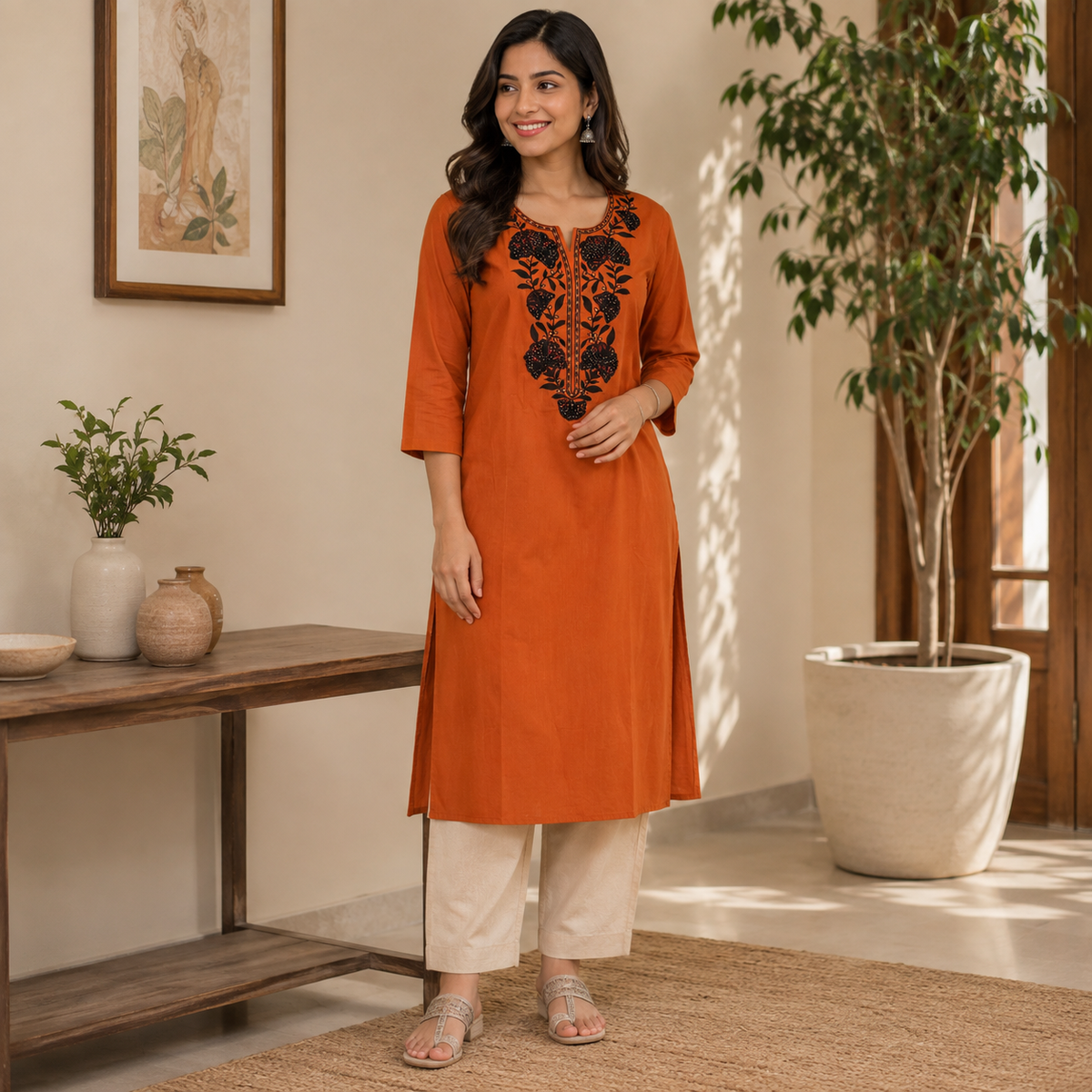 Revanta Rust Orange Embroidered Cotton Kurta