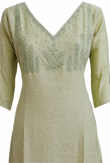 Women’s A-Line Kurti in Crushed Nylon with Bead Handwork and Lining-Green