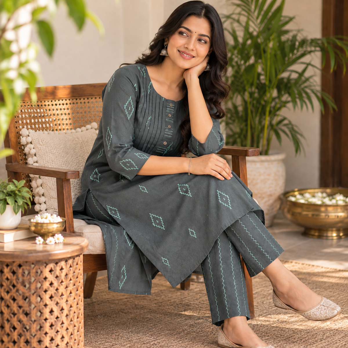 Anvita Women’s Charcoal Grey Cotton Kurta with Geometric Print & Pleated Button Yoke