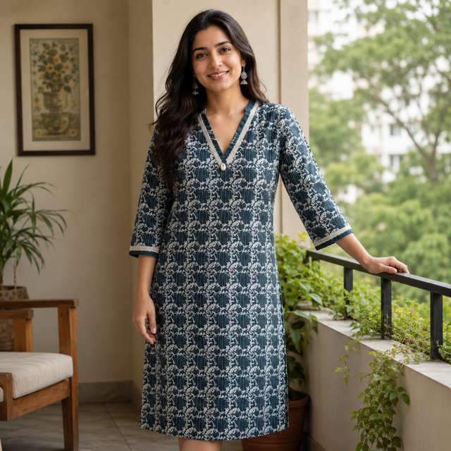 Anvita Teal Textured Patterned Kurta – V-Neck with Shell Detail – Sophisticated Daily Ethnic Wear