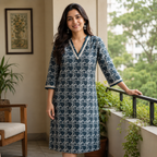 Anvita Teal Textured Patterned Kurta – V-Neck with Shell Detail – Sophisticated Daily Ethnic Wear