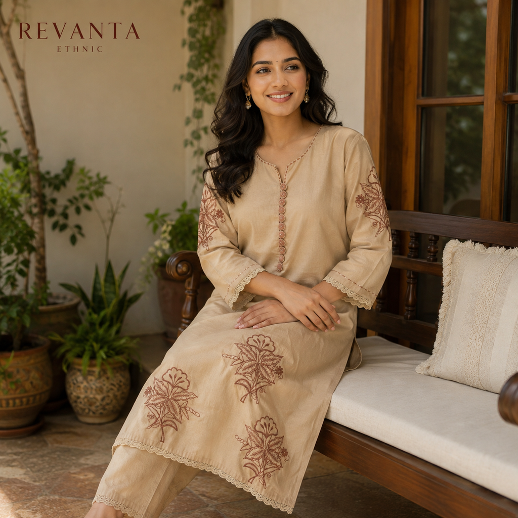 Revanta Sand Beige Embroidered Kurta Pant Set with Floral Motifs