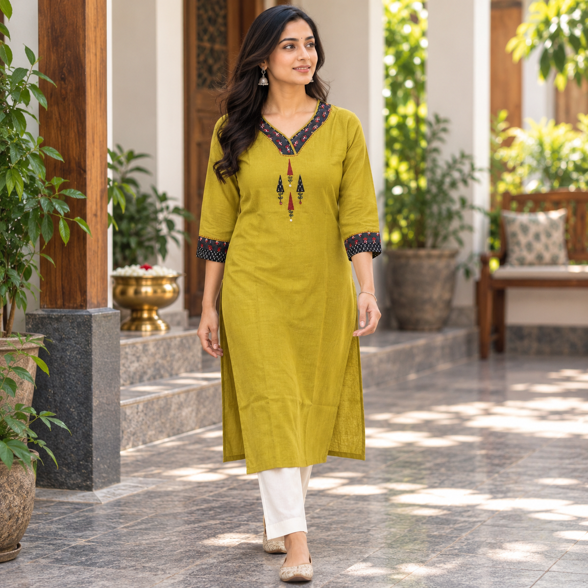 Anvita Mustard Yellow Cotton Kurti with Printed Neck & Sleeve Design