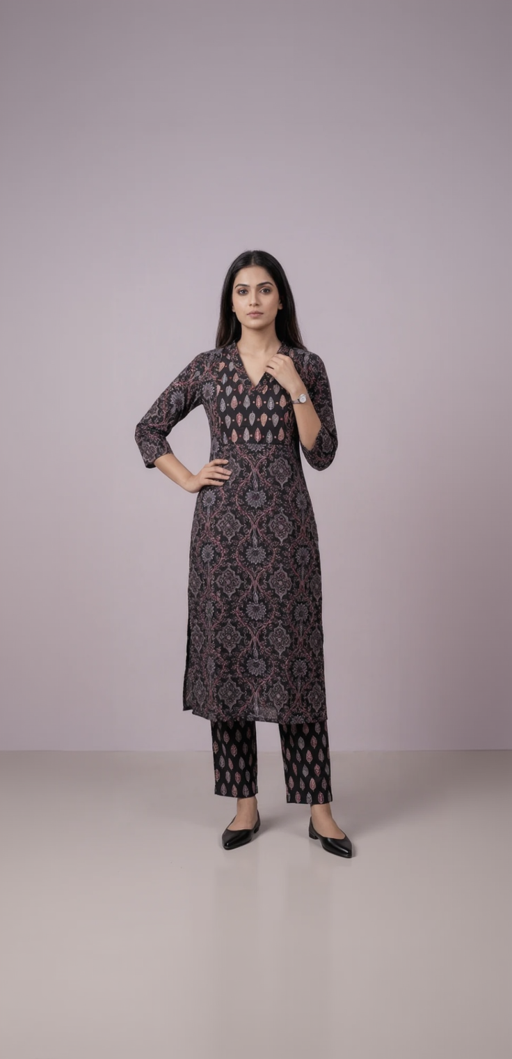 Dark Black Ajrakh Inspired Cotton Kurta Set – Geometric Floral & Leaf Motifs – Chic Daily Wear