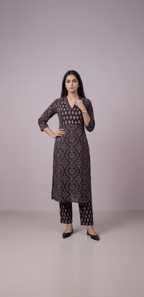 Dark Black Ajrakh Inspired Cotton Kurta Set – Geometric Floral & Leaf Motifs – Chic Daily Wear
