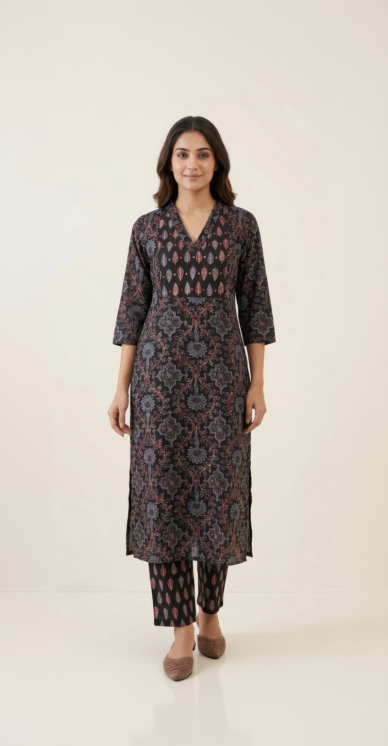 Dark Black Ajrakh Inspired Cotton Kurta Set – Geometric Floral & Leaf Motifs – Chic Daily Wear