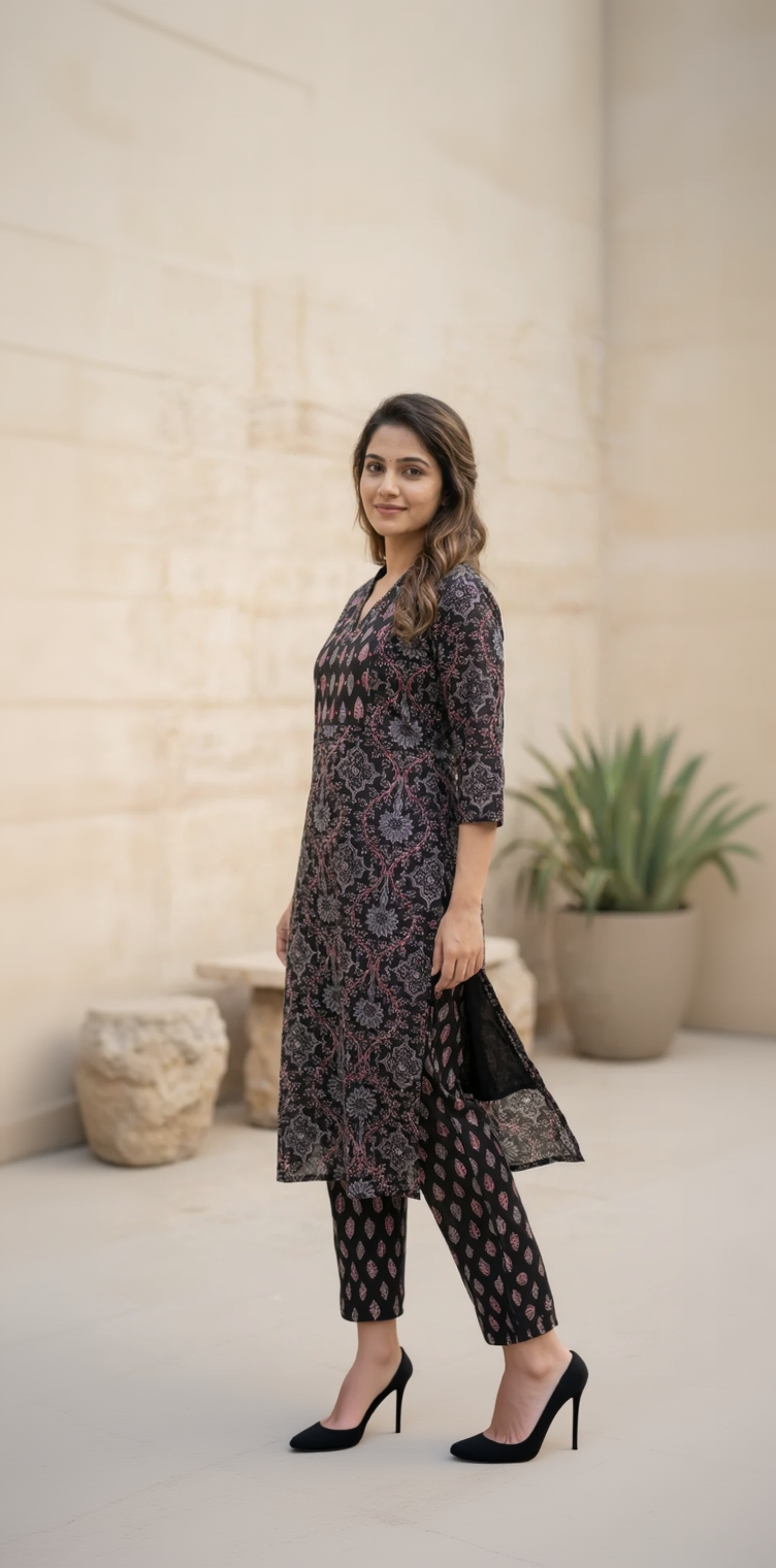 Dark Black Ajrakh Inspired Cotton Kurta Set – Geometric Floral & Leaf Motifs – Chic Daily Wear